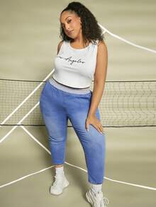 SHEIN CURVE+ 大碼高腰緊身牛仔褲 - 中等水洗藍 - 查看 6