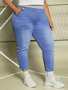 SHEIN CURVE+ 大碼高腰緊身牛仔褲 - 中等水洗藍 - 查看 3