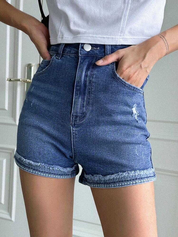 DAZY Shorts en mezclilla desgarro ribete crudo - Azul - Ver 1