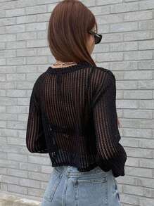 DAZY 純色透視上衣,無胸罩 - 黑色 - 查看 2