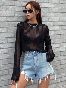 DAZY 純色透視上衣,無胸罩 - 黑色 - 查看 6