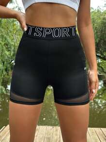 Gameset SHEIN Sport Letter Tape Waist Mesh Insert Sports ShortsWomen Sweat Short, Gym Short, Biker Short