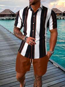 Manfinity Homme Men Striped Print Shirt & Drawstring Waist Shorts - Multicolor - View 2