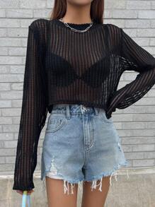 DAZY 純色透視上衣,無胸罩 - 黑色 - 查看 8