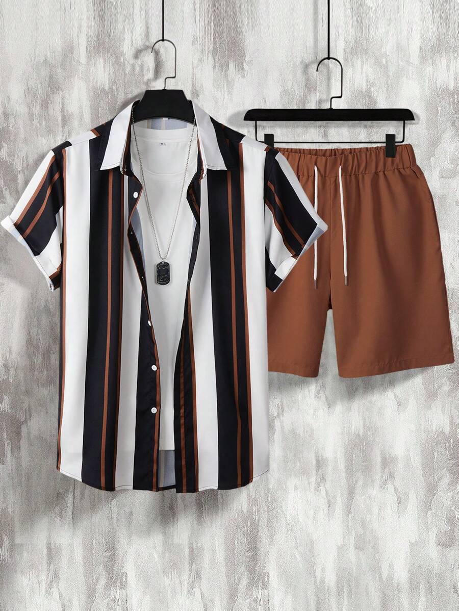 Manfinity Homme Men Striped Print Shirt & Drawstring Waist Shorts - Multicolor - View 1
