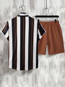Manfinity Homme Men Striped Print Shirt & Drawstring Waist Shorts - Multicolor - View 4