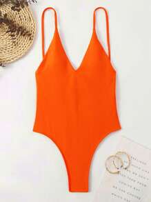Swim Basics Summer Beach Solid High Cut One Piece Swimsuit, Bathing Suit - Burnt Orange - View 3