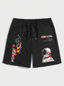 Manfinity NXTstreet 男士宇航員&標語圖案腰部抽繩短褲 - 黑色 - 查看 1