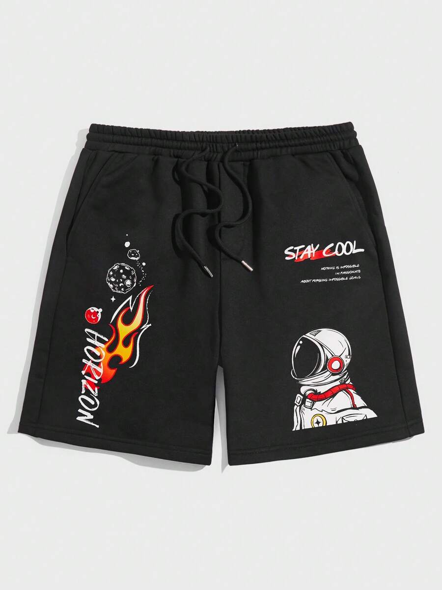 Manfinity NXTstreet 男士宇航員&標語圖案腰部抽繩短褲 - 黑色 - 查看 1