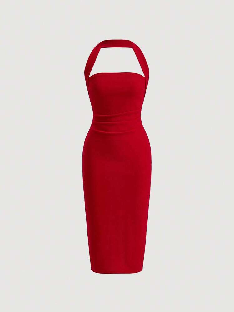 halter neck dress shein SHEIN SXY Tie Backless Halter Neck Metallic Dress | Dress