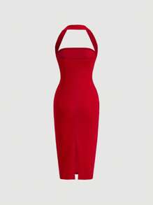 Firerie Solid Ruched Halter Neck Backless Bodycon Dress - Red - View 2