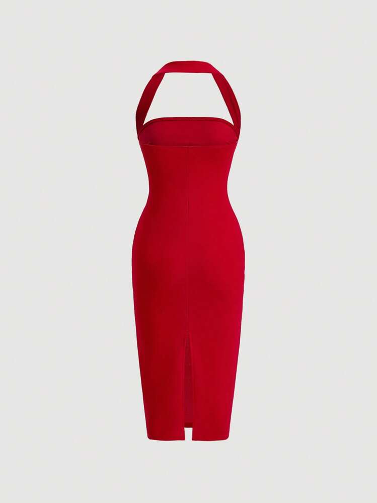 red halter bodycon dress Red Halter Bodycon Dress With Gold Accent