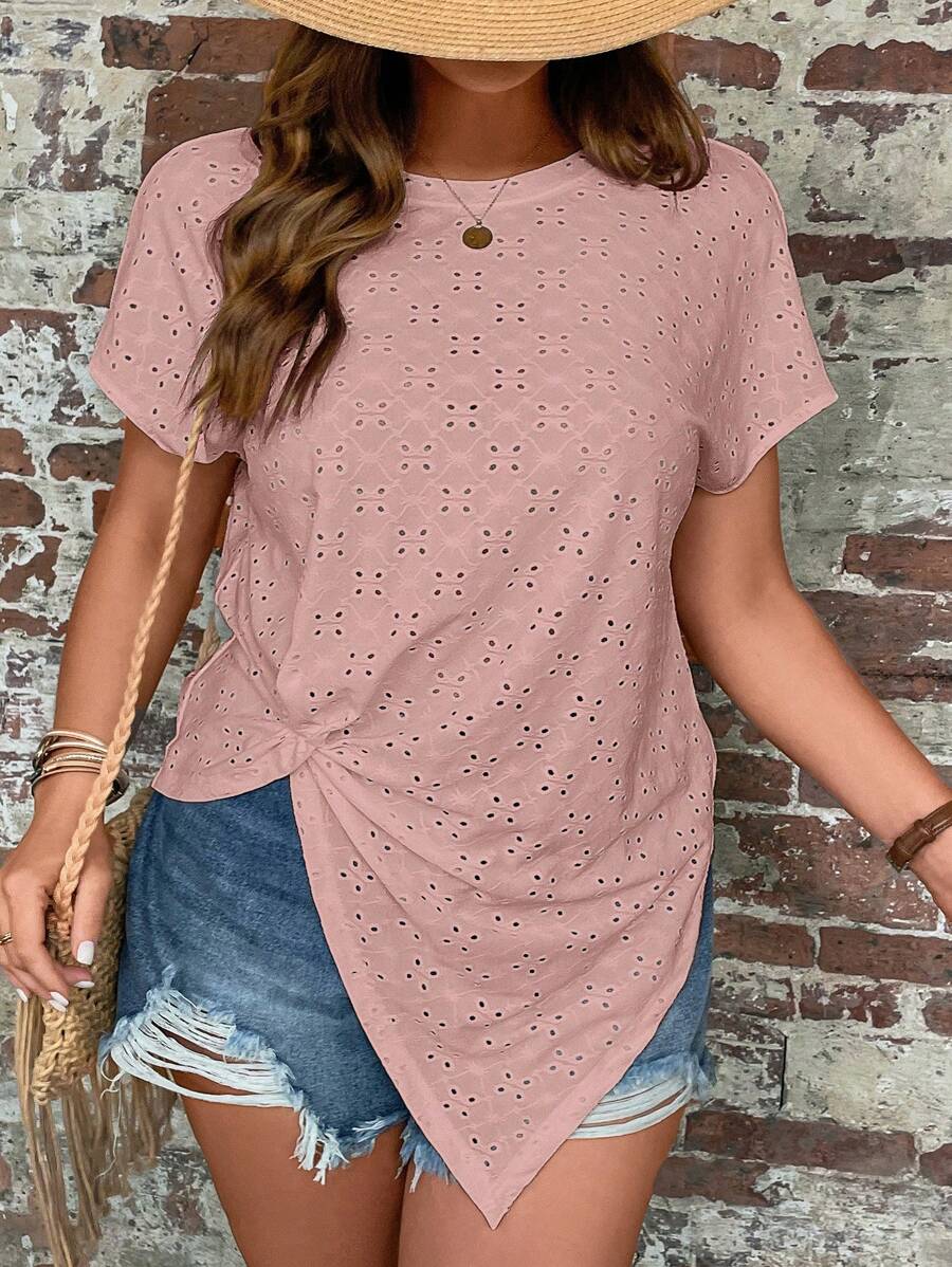 SHEIN LUNE Áo thun Plus size Bất đối xứng Tranh thêu màu trơn Giải trí - Bụi hồng - Xem 1