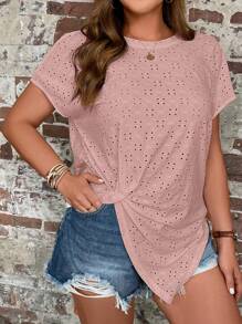 SHEIN LUNE Áo thun Plus size Bất đối xứng Tranh thêu màu trơn Giải trí - Bụi hồng - Xem 4