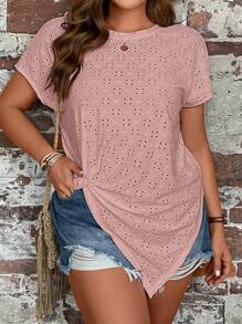 SHEIN LUNE Áo thun Plus size Bất đối xứng Tranh thêu màu trơn Giải trí - Bụi hồng - Xem 5