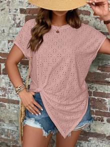 SHEIN LUNE Áo thun Plus size Bất đối xứng Tranh thêu màu trơn Giải trí - Bụi hồng - Xem 7