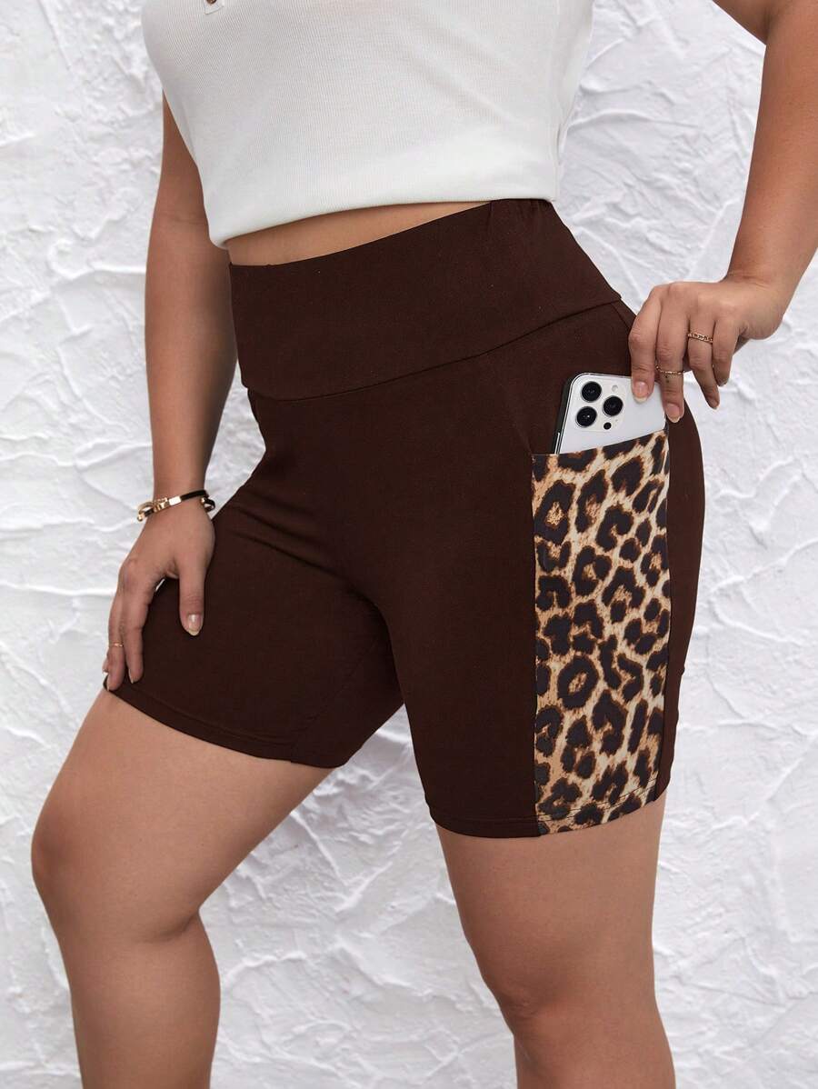 SHEIN LUNE Plus Leopard Print Cycling Shorts With Phone Pocket - Chocolate Brown - View 1