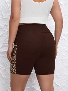 SHEIN LUNE Plus Leopard Print Cycling Shorts With Phone Pocket - Chocolate Brown - View 2