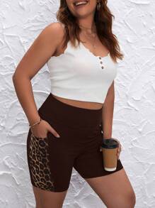 SHEIN LUNE Plus Leopard Print Cycling Shorts With Phone Pocket - Chocolate Brown - View 4