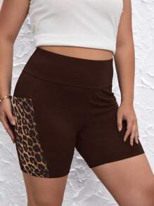 SHEIN LUNE Plus Leopard Print Cycling Shorts With Phone Pocket - Chocolate Brown - View 5