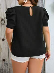SHEIN Clasi Plus Puff Sleeve Textured Top - Black - View 2
