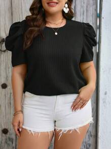 SHEIN Clasi Plus Puff Sleeve Textured Top - Black - View 1