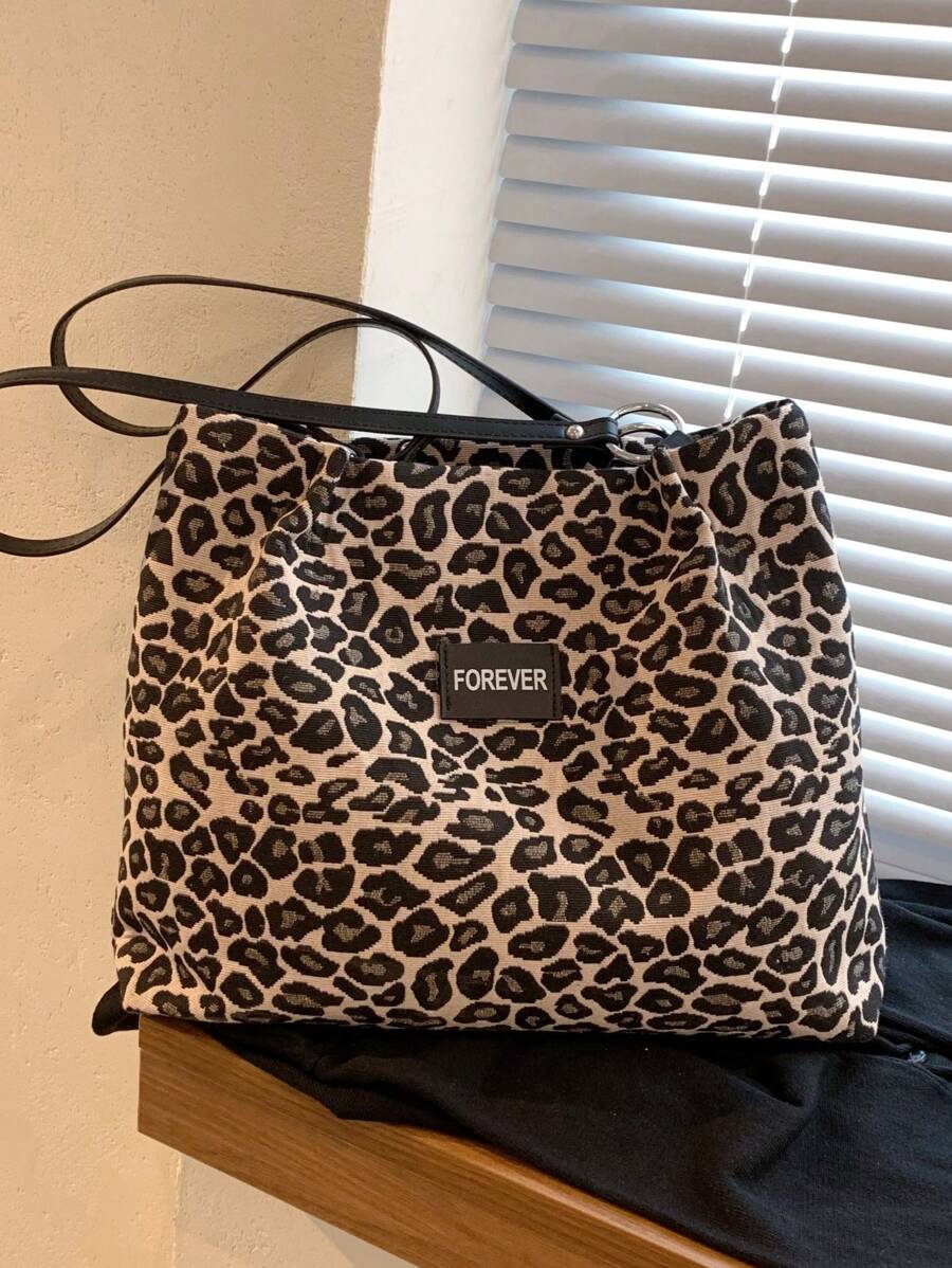 Leopard Pattern Shoulder Tote Bag Letter Patch Decor - Brown - View 1