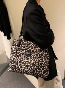 Leopard Pattern Shoulder Tote Bag Letter Patch Decor - Brown - View 2