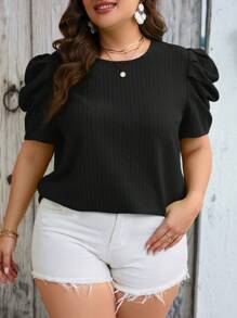 SHEIN Clasi Plus Puff Sleeve Textured Top - Black - View 6