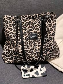 Leopard Pattern Shoulder Tote Bag Letter Patch Decor - Brown - View 5