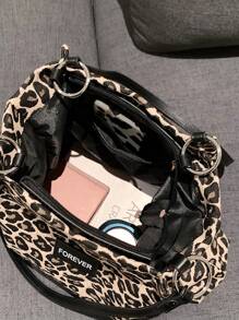 Leopard Pattern Shoulder Tote Bag Letter Patch Decor - Brown - View 6