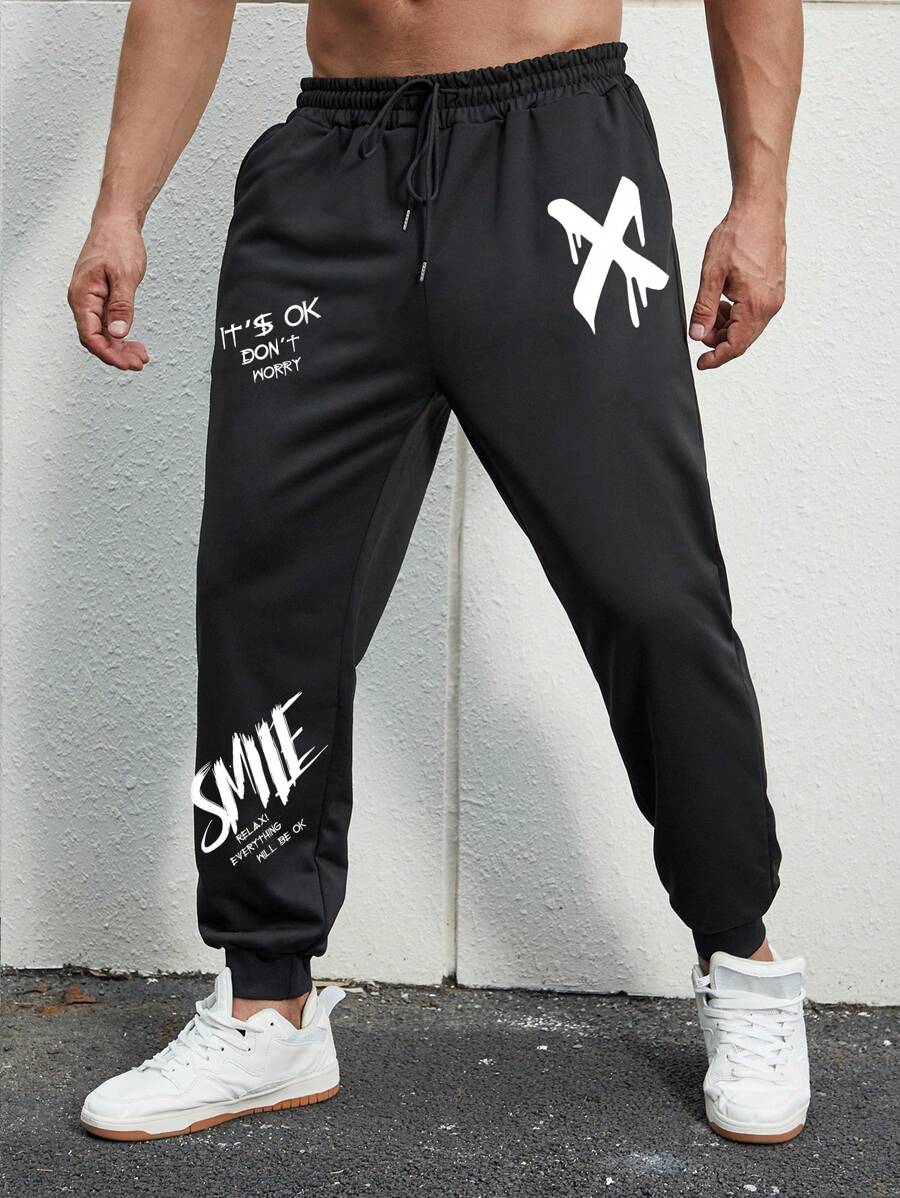 Manfinity LEGND 男士標語圖案腰部抽繩衛褲 - 黑色 - 查看 1