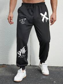 Manfinity LEGND 男士標語圖案腰部抽繩衛褲 - 黑色 - 查看 3