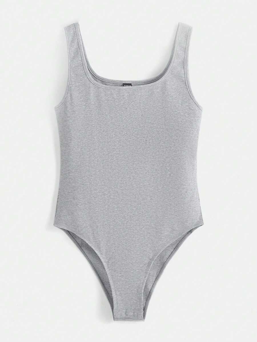 SHEIN BASICS Áo liền quần ôm nữ Gân đan màu trơn Giải trí - Màu Xám nhạt - Xem 1