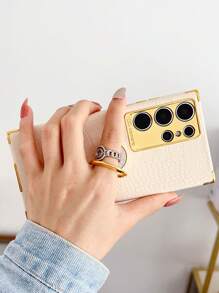 Crocodile Embossed Phone Case With Ring Holder Compatible With IPhone15/15Plus/15Pro/15Promax Waterproof Shockproof Anti-Fall Scratch Resistant - White - View 3