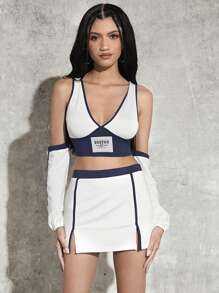 SHEIN ICON 字母貼布撞色滾邊上衣帶臂套和開衩短裙 - 白色 - 查看 6
