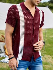 Manfinity NXTstreet Men Colourblock Pointelle Knit Button Front Cardigan - Maroon - View 1