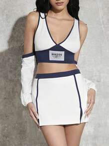 SHEIN ICON 字母貼布撞色滾邊上衣帶臂套和開衩短裙 - 白色 - 查看 3