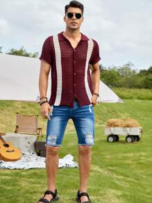 Manfinity NXTstreet Men Colourblock Pointelle Knit Button Front Cardigan - Maroon - View 3