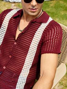 Manfinity NXTstreet Men Colourblock Pointelle Knit Button Front Cardigan - Maroon - View 4