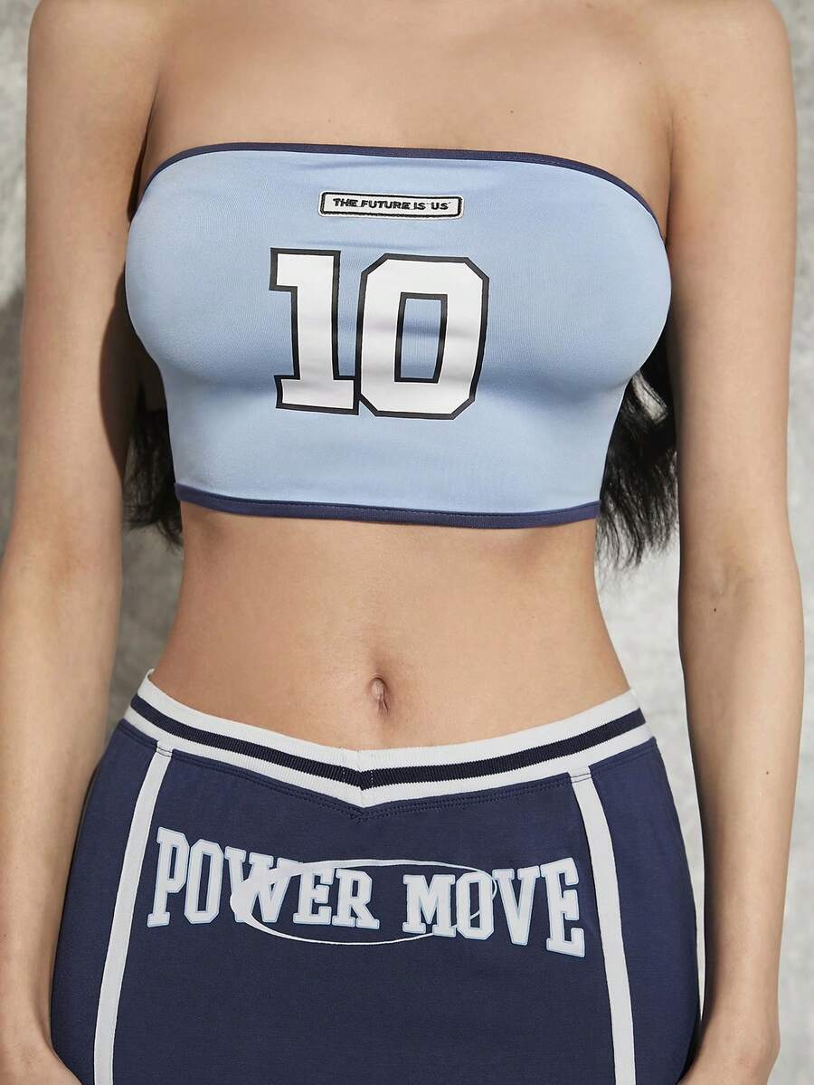 SHEIN ICON 標語圖案撞色滾邊抹胸上衣 - 淺藍色 - 查看 1