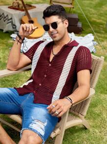 Manfinity NXTstreet Men Colourblock Pointelle Knit Button Front Cardigan - Maroon - View 5