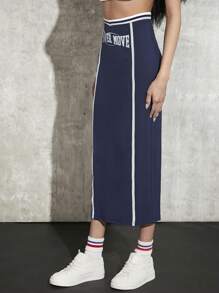 SHEIN ICON Váy nữ Lá thư Giải trí - Màu xanh hải quân - Xem 4