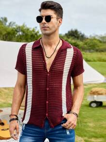 Manfinity NXTstreet Men Colourblock Pointelle Knit Button Front Cardigan - Maroon - View 6