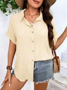 SHEIN LUNE 大碼蝙蝠袖前紐扣襯衫 - 米色 - 查看 1