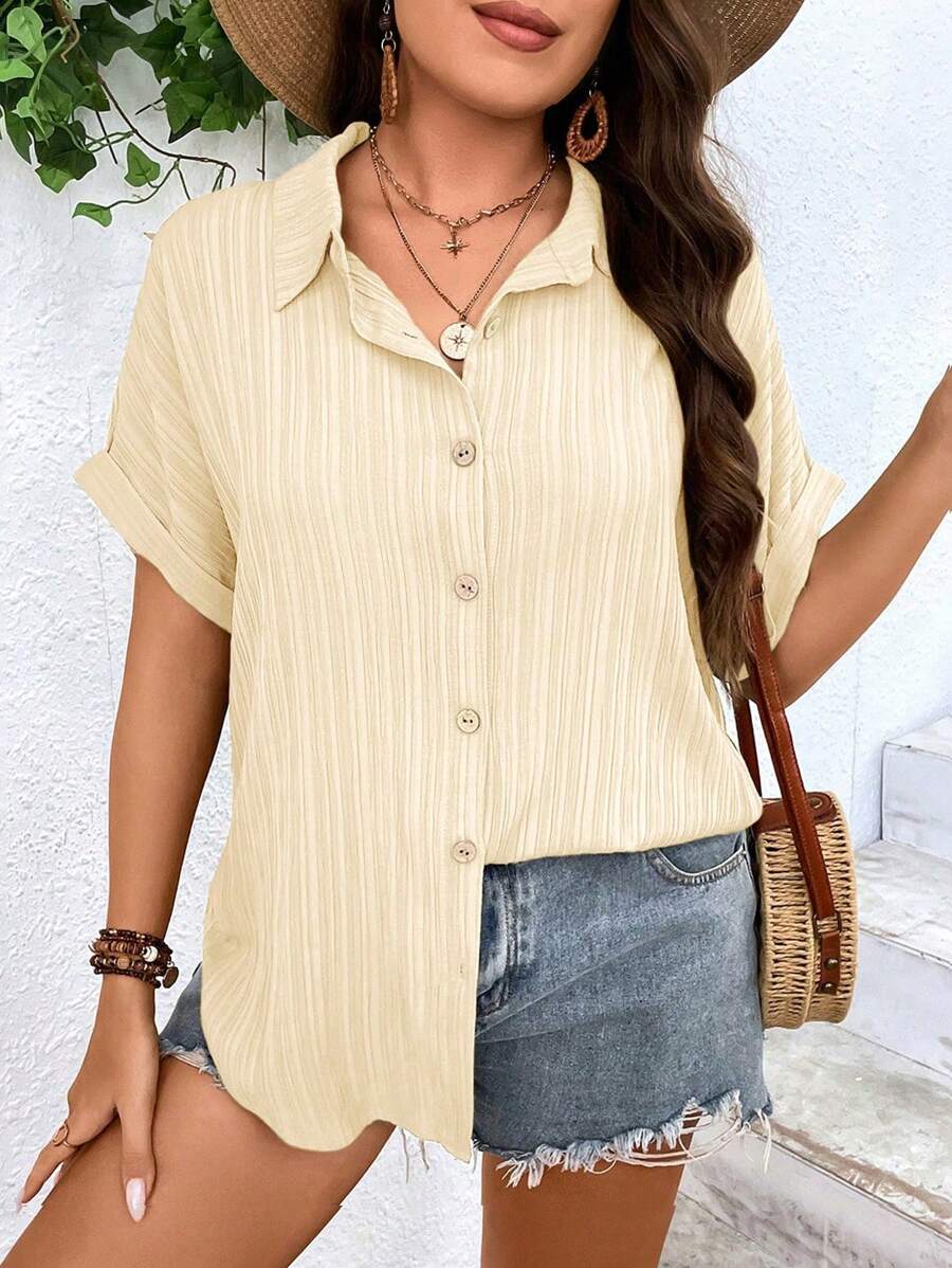 SHEIN LUNE 大碼蝙蝠袖前紐扣襯衫 - 米色 - 查看 1