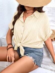 SHEIN LUNE 大碼蝙蝠袖前紐扣襯衫 - 米色 - 查看 5