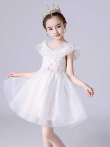 Bé gái tuổi teen Chi tiết Appliques Viền Ruffle Lớp phủ lưới Đầm Party - trắng - Xem 1