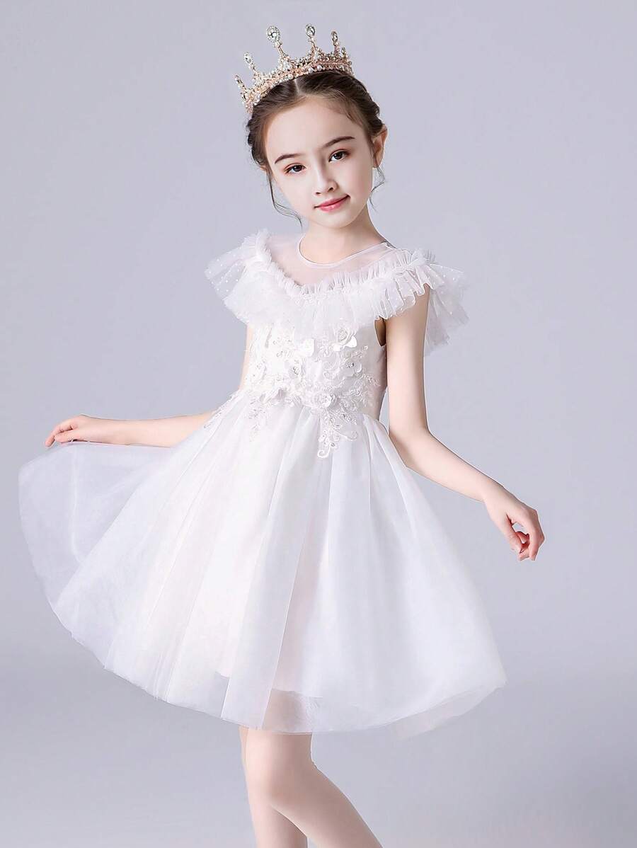 Bé gái tuổi teen Chi tiết Appliques Viền Ruffle Lớp phủ lưới Đầm Party - trắng - Xem 1