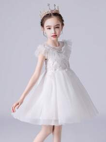 Bé gái tuổi teen Chi tiết Appliques Viền Ruffle Lớp phủ lưới Đầm Party - trắng - Xem 4
